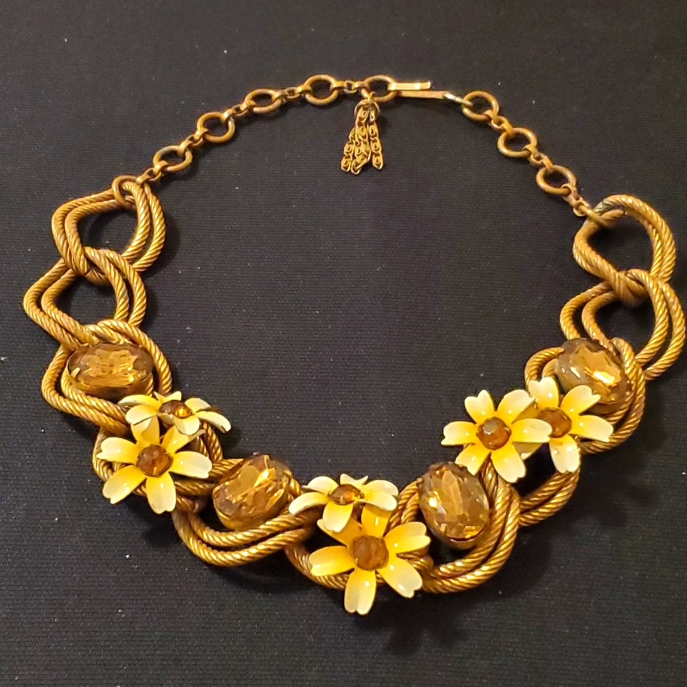Antique 1940s Gold West Germany Floral Metal Artwork Necklace with Glass Stones